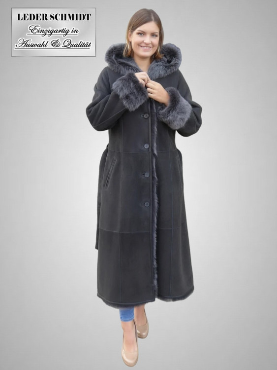 Preview: Damen Lammfellmantel mit Kapuze und Gürtel