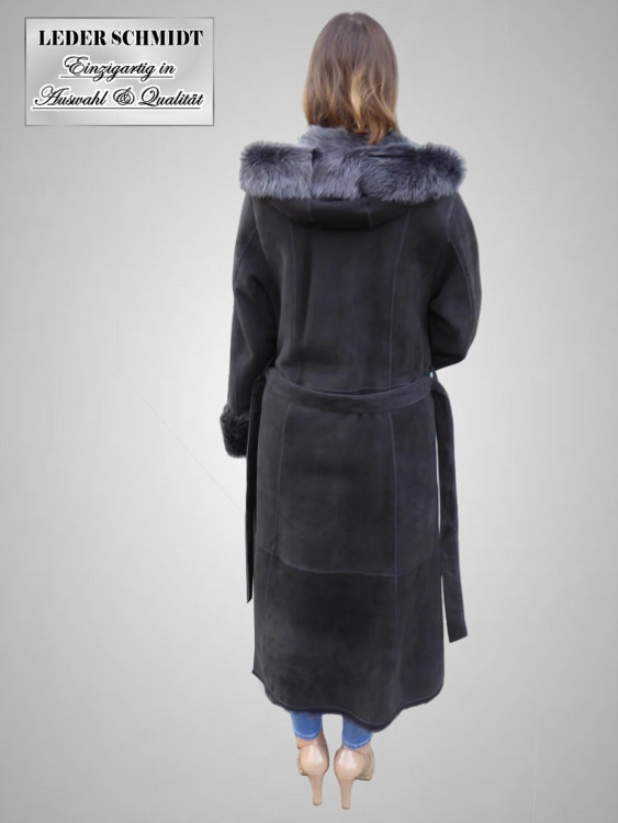 Damen Lammfellmantel mit Kapuze und Gürtel