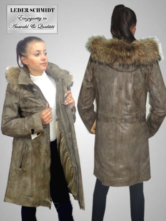 lange Damen-Lederjacke Kapuze Reißverschluss