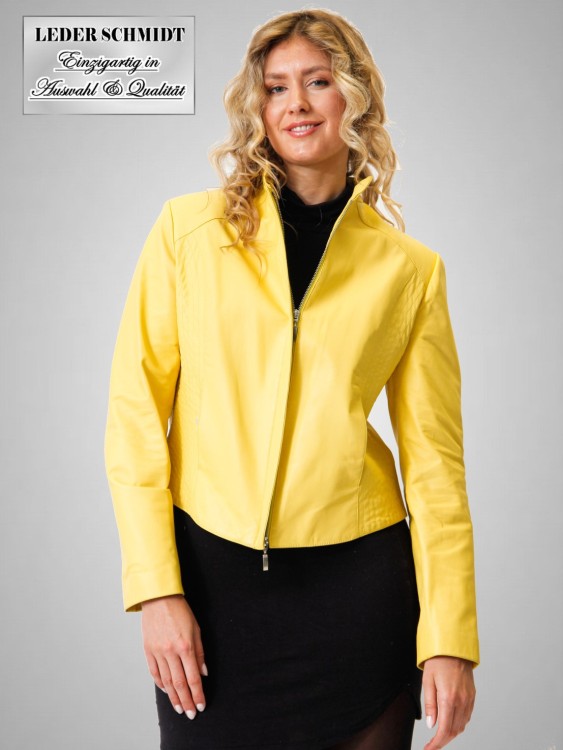 kurze gelbe Damen-Lederjacke mit Reißverschluss Stehkragen