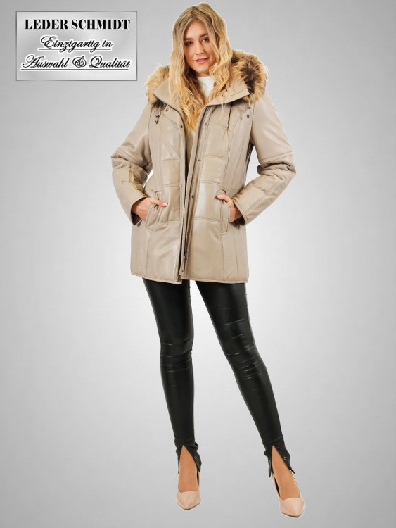 gesteppter Damen Lederparka mit abnehmbarer Kapuze