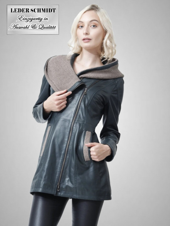 lange Damen Lederjacke mit Kapuze