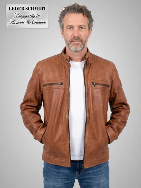 kurze Herren Lederjacke cognac Lammnappa sportlich, Stehkragen