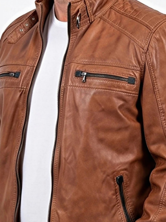 kurze Herren Biker Lederjacke cognac