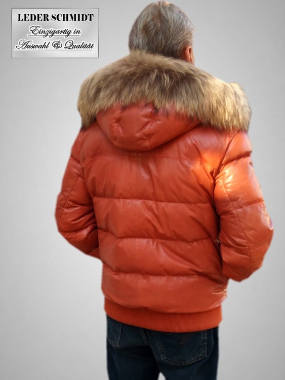 Daunen Herren Lederjacke mit abnehmbarer Kapuze