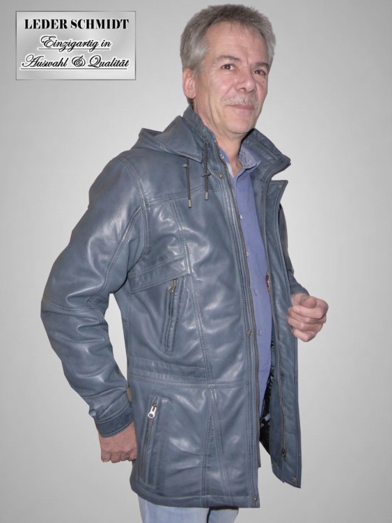 Lederjacke lang Herren abnehmbare Kapuze sportlich viele Taschen