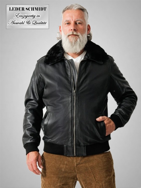 kurze strapazierfähige Herren Lederjacke schwarz sportlich Lammfellkragen