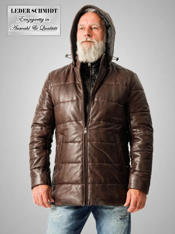 lange Lammnappa Herren Lederjacke braun abnehmbare Kapuze