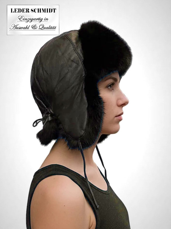 Preview: Damen Leder-Kaninchen-Mütze dunkelbraun