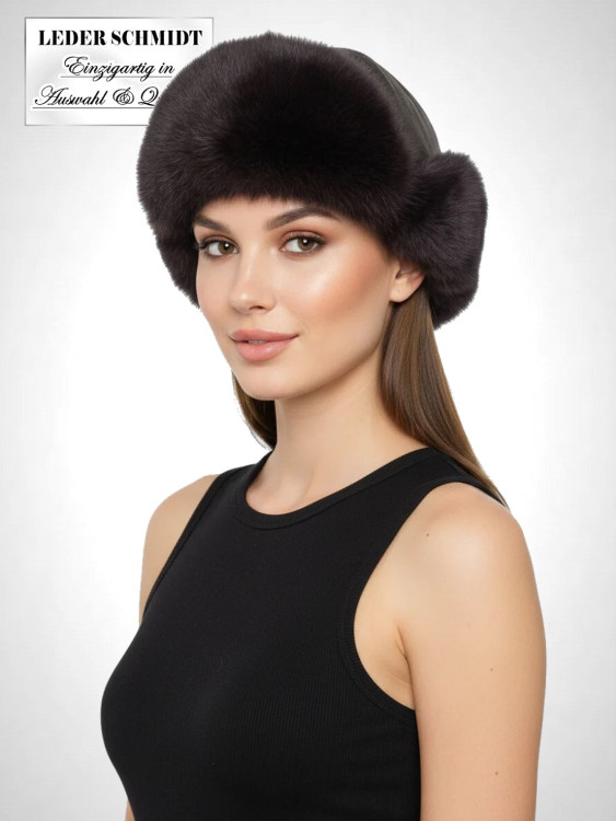 Damen Leder-Kaninchen-Mütze dunkelbraun