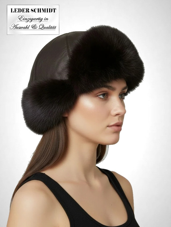 Damen Leder-Kaninchen-Mütze dunkelbraun