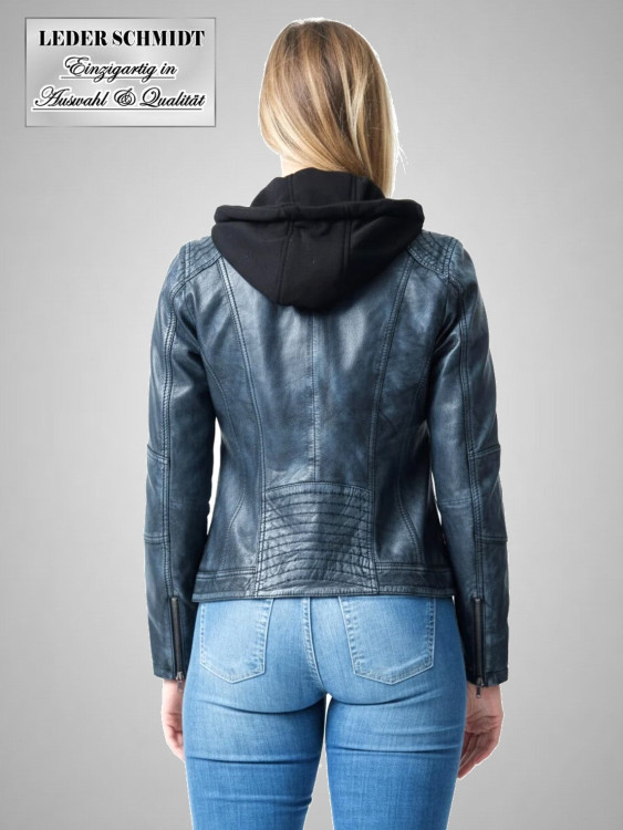 kurze Damen Lederjacke mit abnehmbarer Kapuze