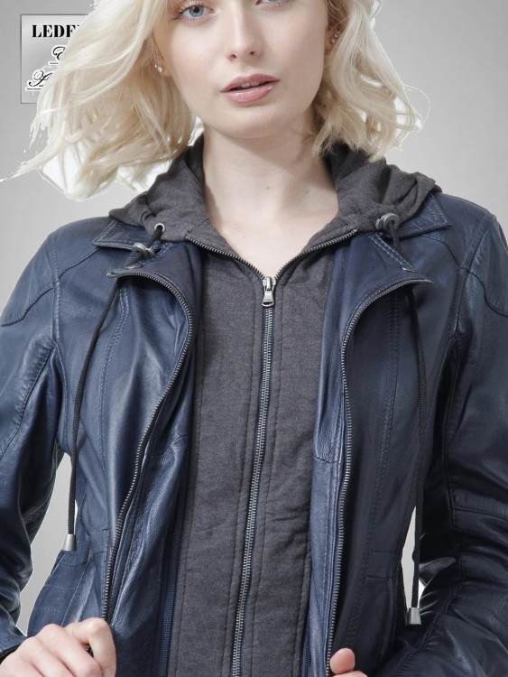 blaue kurze Damen Lederjacke Kapuzentel abnehmbar