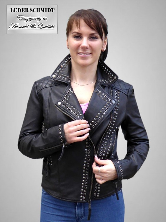 Damen kurze Leder Biker schwarz Nieten