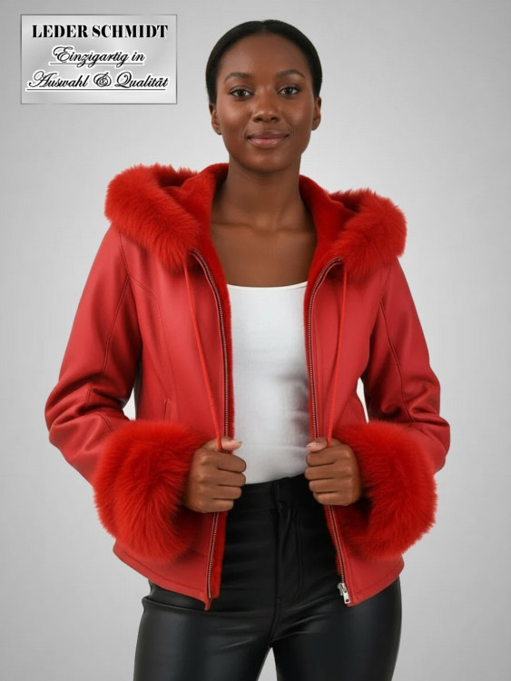 rote kurze Damen Lammfelljacke Kapuze