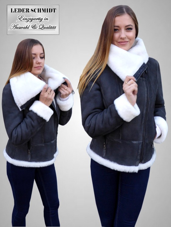 kurze echte Damen lammfelljacke schräger Reißverschluss