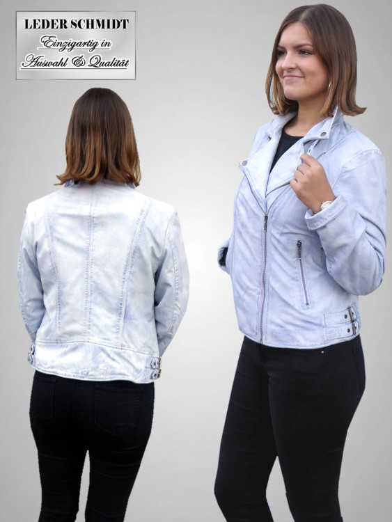 blaue kurze Damen Lederjacke Motorrad