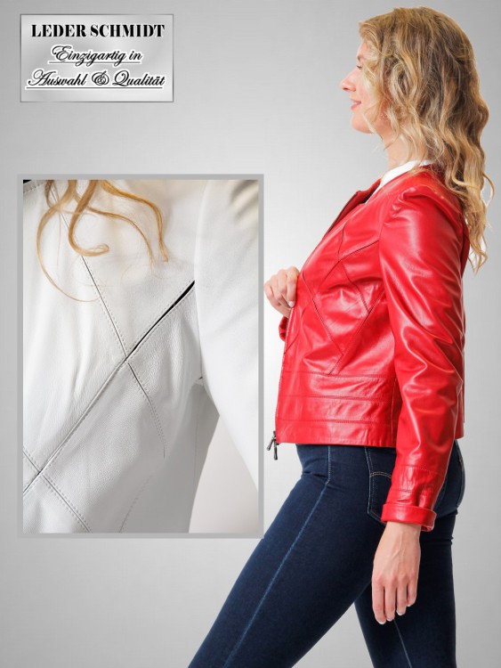 Preview: Kragenlose kurze Damenlederjacke rot echtes Leder