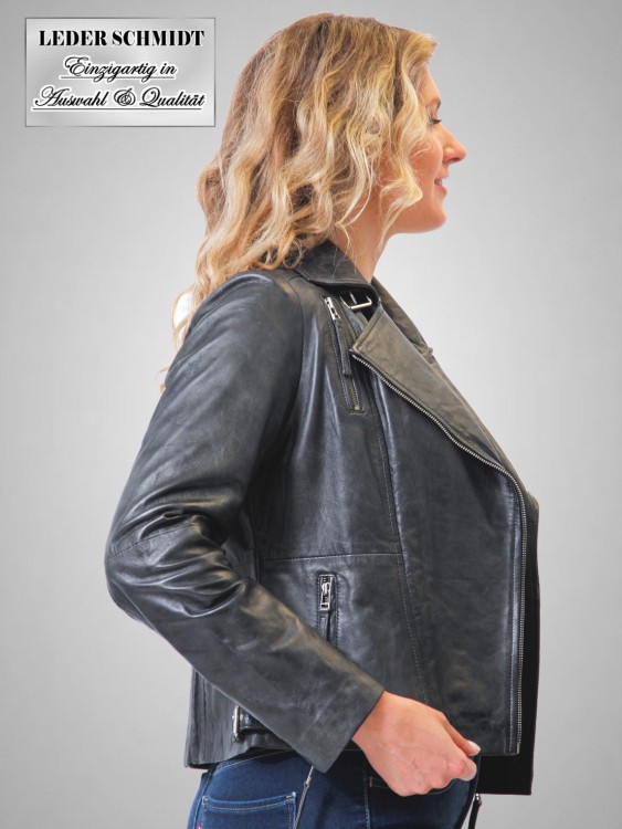 Biker Damen Leder Jacke kurz anthrazit