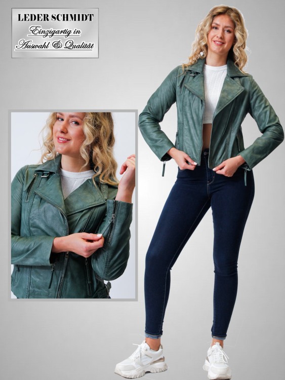kurze Damen Lederjacke schräger Reißverschluss echtes Leder grün