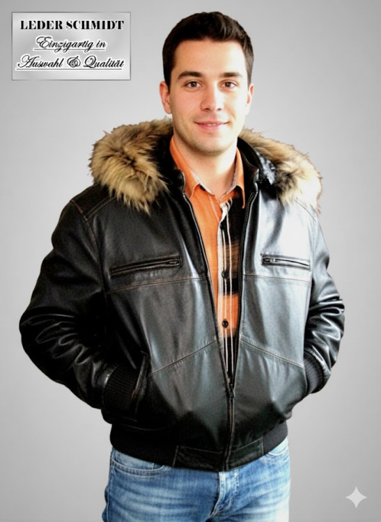 Preview: echte Herren-Lederjacke mit Kapuze schwarz Bundjacke