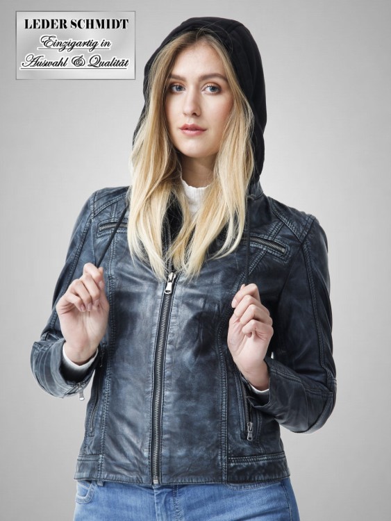 Preview: Damen Lederjacken kurz blau vintage Kapuze