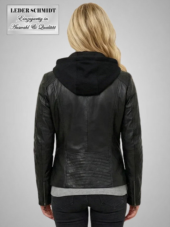 kurze schwarze Damen Lederjacke mit Kapuze