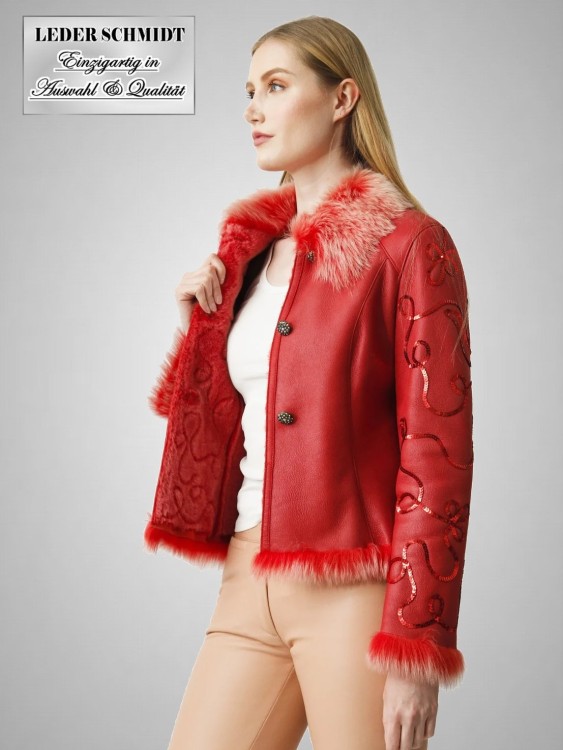 rote Naturgewachsen kurze Damen Lammfelljacke