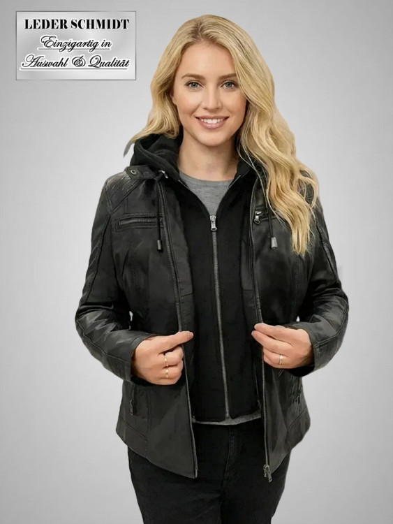 Preview: kurze Damen Lederjacke Biker schwarz