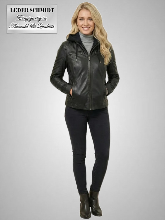 Preview: Damen echte Lederjacke, anehmbare Kapuze, Lammnappa schwarz