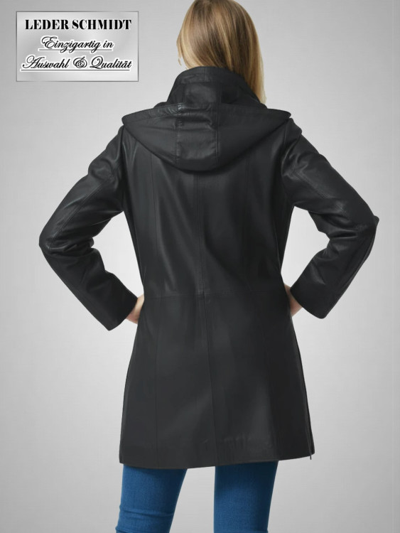 Preview: Damen Leder Kurzmantel mit Kapuze