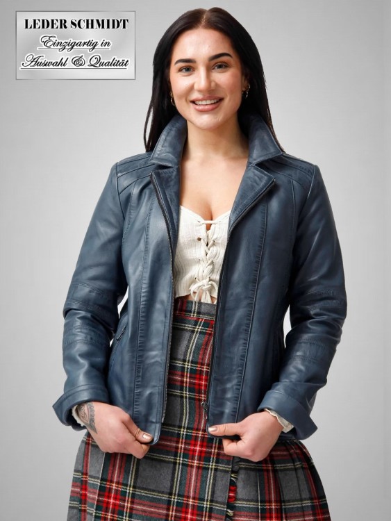kurze blaue Damen Lederjacke Lammnappa