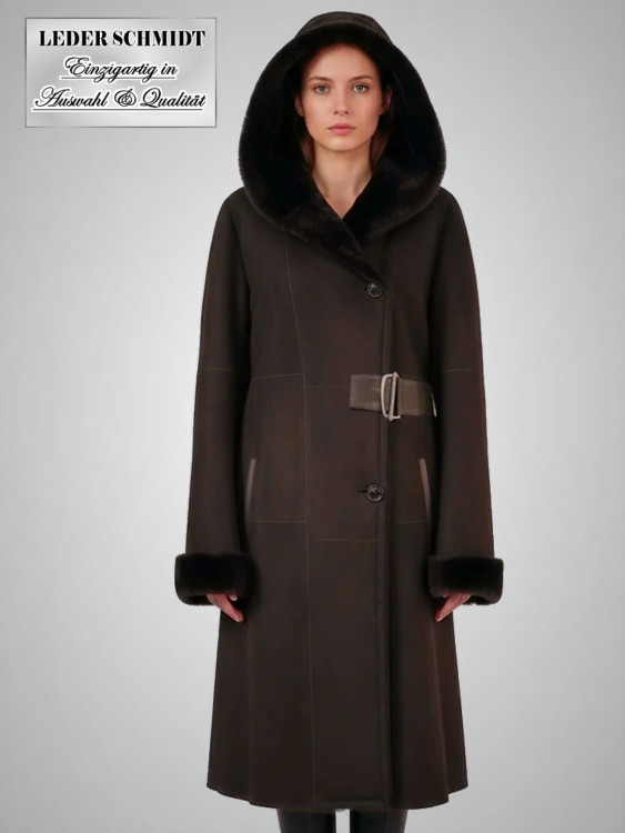 Damen Lammfellmantel mit Kapuze