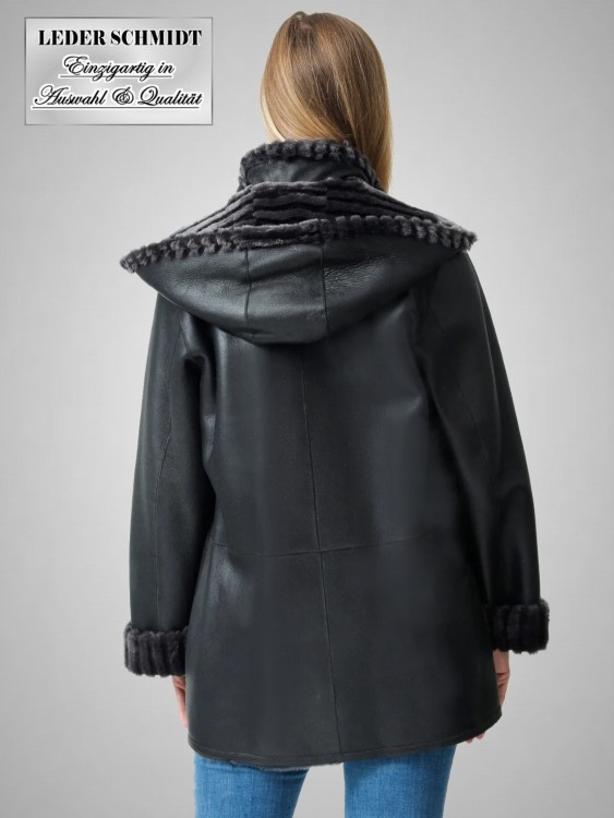 leichte lange Damen Lammfelljacke Schaffelljacke schwar abnehmbare Kapuze