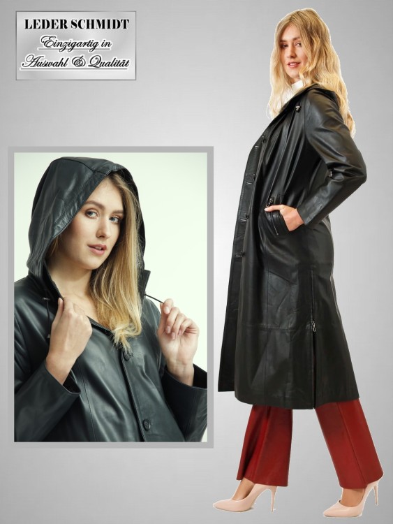 schwarzer Damen Ledermantel mit Kapuze 1A Lammnappa