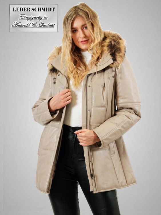 gesteppter Damen Lederparka mit abnehmbarer Kapuze