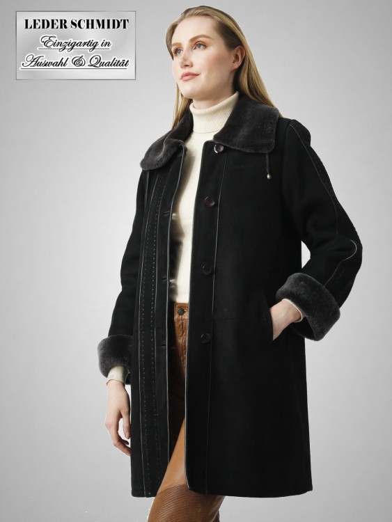 schwarze lange Damen Schaffelljacke
