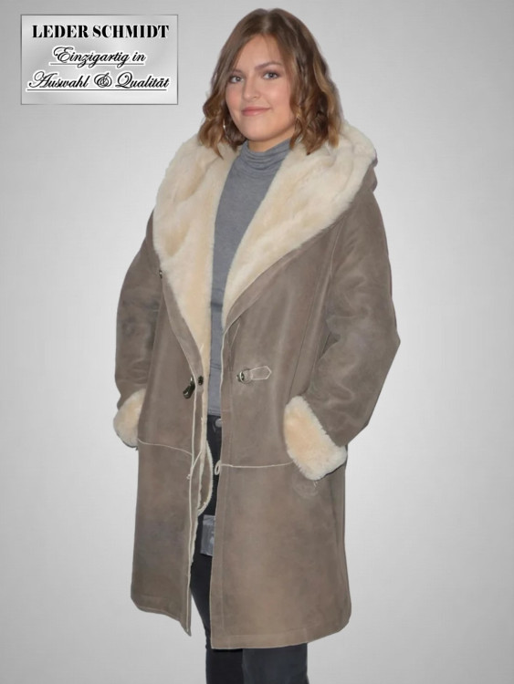 Preview: Lange Damen Lammfelljacke mit Kapuze