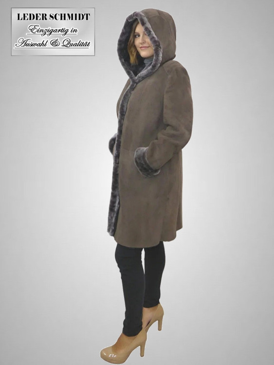 Preview: lange Damen Lammfelljacke mit Kapuze
