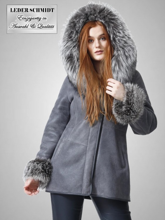 Damen Lammfelljacke lang Kapuze mit Silberfuch Reißverschluss