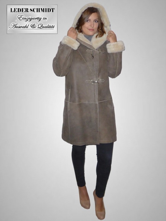 Lange Damen Lammfelljacke mit Kapuze