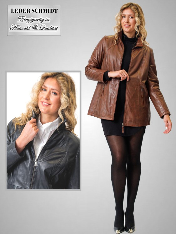 wattierte lange Damenlederjacke mit Reißverschluss blau / braun antik echtes Lammnappa
