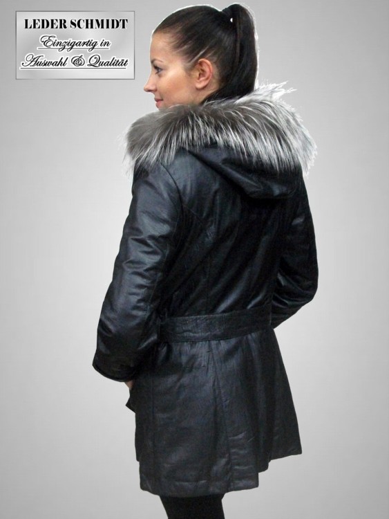 Damen Lederjacke mit Kapuze und Silberfuchsrand silbergrau