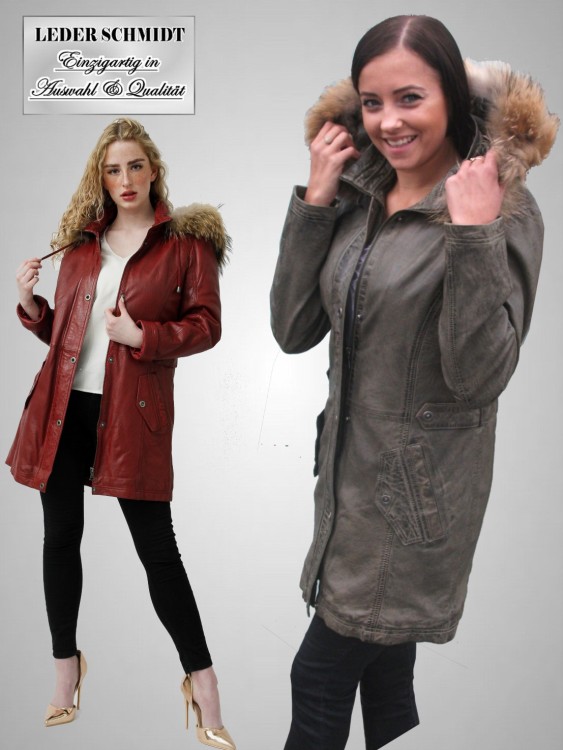 echter Damen Lederparka Lederjacke  mit abnehmbarer Kapuze Reißverschluss