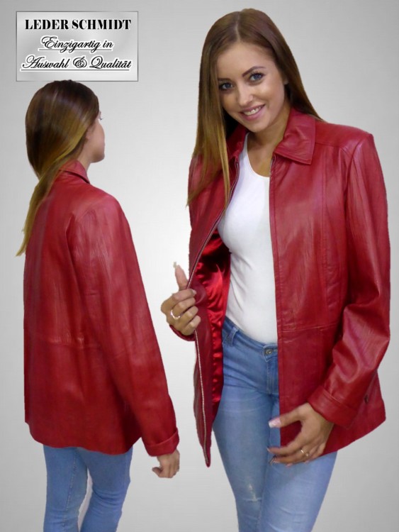 längere Damen Lederjacke in 1A Lammnappa mit Reißverschluss und rot