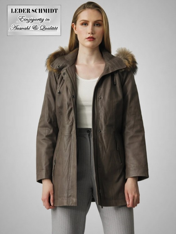 Lammnappa Damen Lederparka Lederjacke beige mit abnehmbarer Kapuze