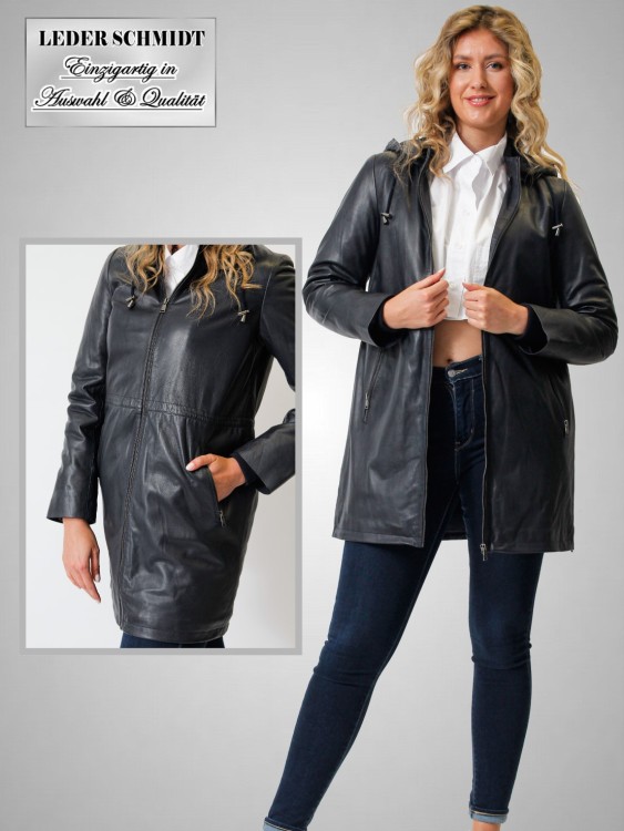 blaue lange Damen Lederjacke mit Kapuze Lammnappa