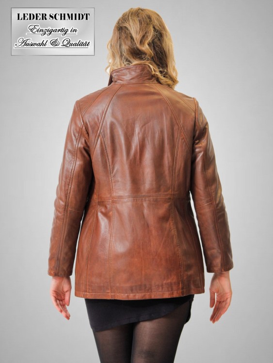 lange Damen Lederjacke gefüttert mit Reißverschluss blau / braun antik echtes Lammnappa