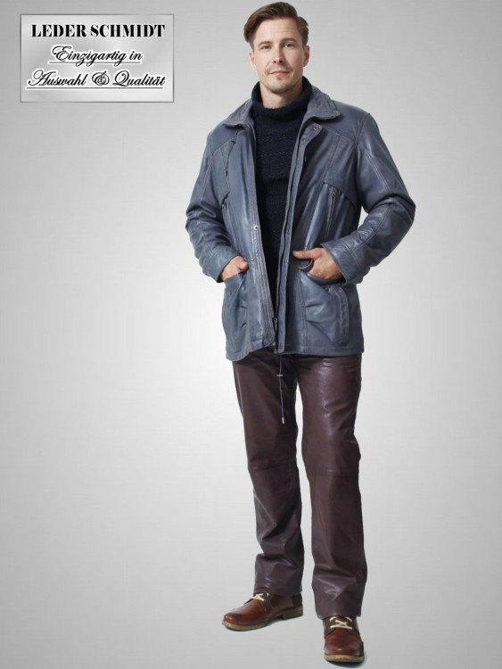 Preview: lange echte Herren Lederjacke blau grau lammnappa sportlich Lederparka