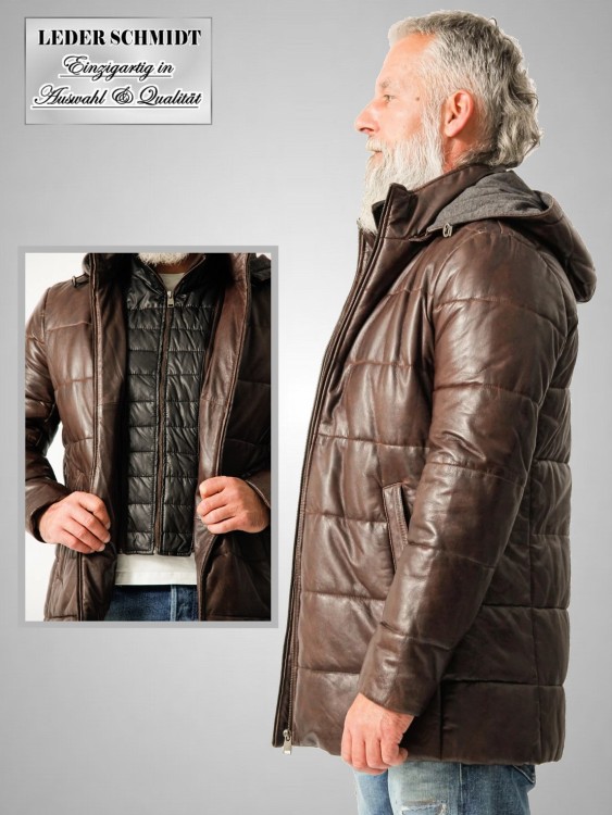 lange sportliche echte Herren Lederjacke braun abnehmbare Kapuze Stehkragen